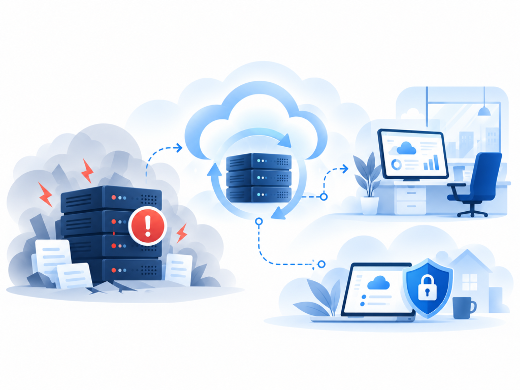 Disaster recovery illustration showing failed server restoration to alternative cloud infrastructure