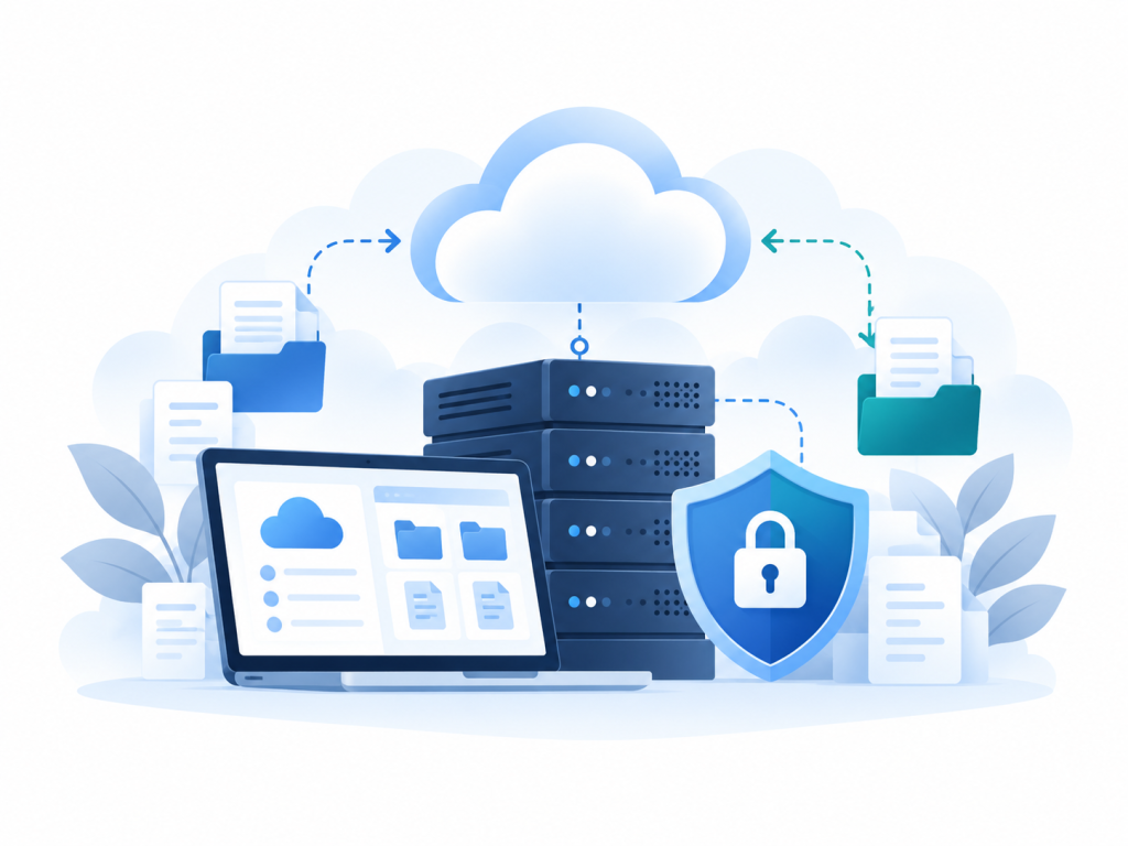 Business data backup illustration showing servers, cloud storage and protected files
