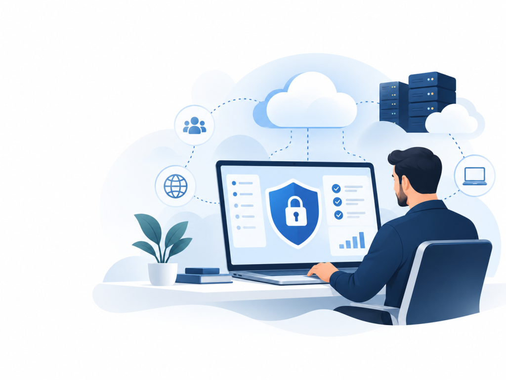 IT engineer monitoring business cyber security, cloud services and network protection