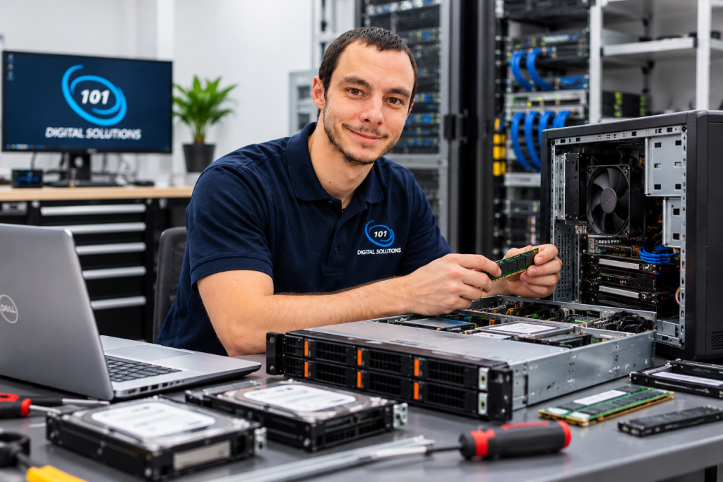 101 Digital Solutions IT technician inspecting computer memory and server components in a professional IT workshop, providing hardware warranty, maintenance and repair services for businesses in Barnsley, South Yorkshire.