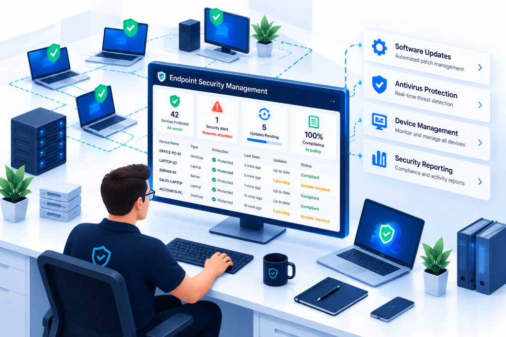 Isometric illustration of managed endpoint security showing business device monitoring, antivirus protection, software updates and security compliance.