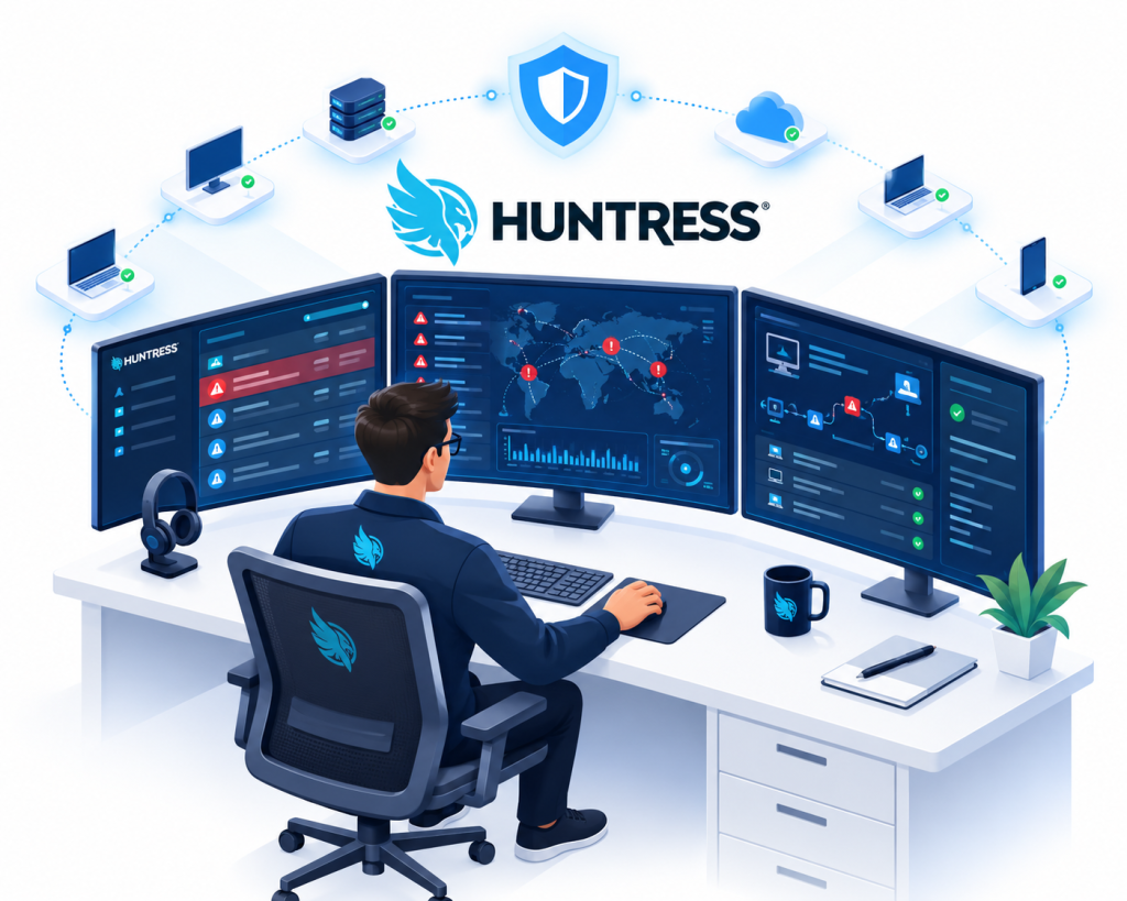 Isometric illustration of a Huntress MDR cybersecurity analyst monitoring business devices, investigating security alerts and responding to threats through a central security operations dashboard.