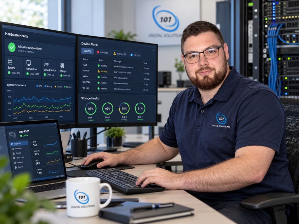 Jordan from 101 Digital Solutions monitoring server health, hardware alerts and IT infrastructure, providing proactive business IT support and hardware maintenance services in Barnsley, South Yorkshire.