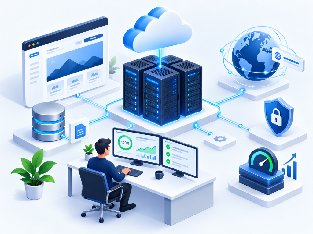 Isometric illustration of secure business web hosting infrastructure, showing cloud servers, website management, domain connectivity, SSL security and performance monitoring for 101 Digital Solutions in Barnsley, South Yorkshire.
