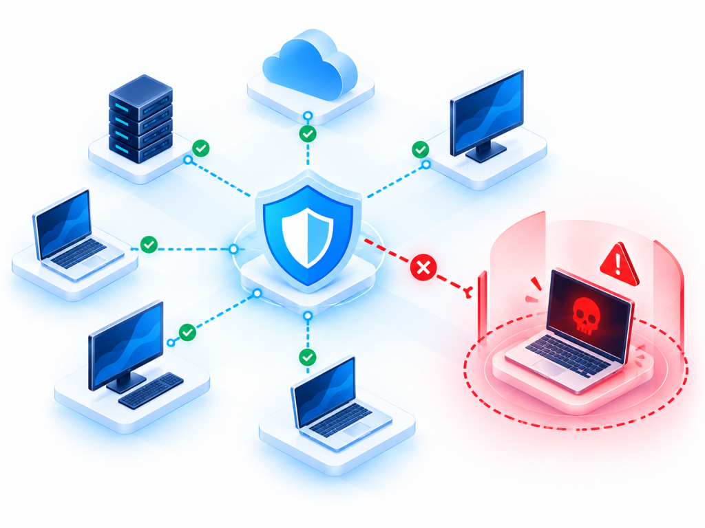 Illustration of cybersecurity quarantine protection showing isolated threats, secure business devices and managed network security.