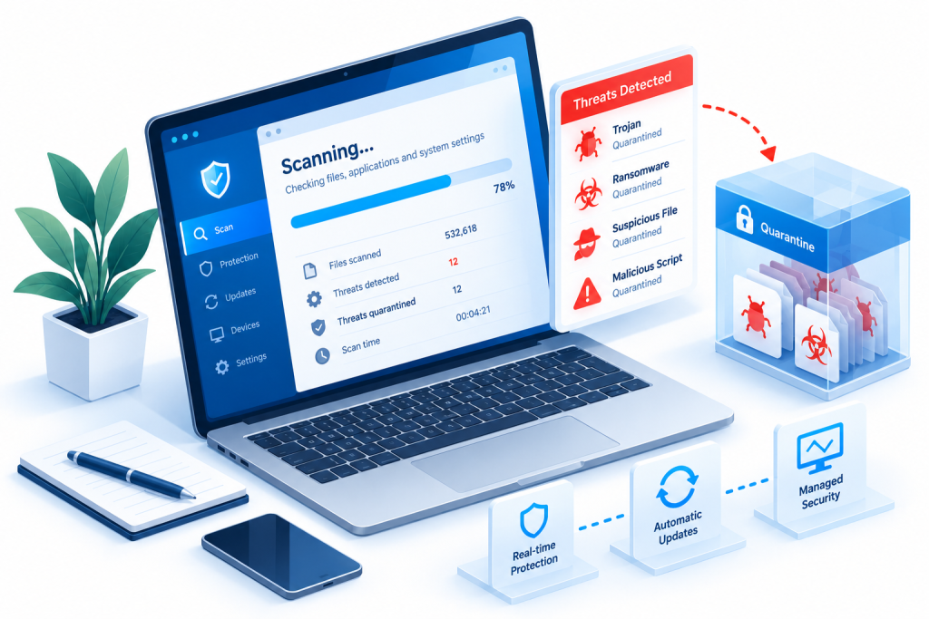 Isometric illustration of business antivirus software scanning a laptop for malware and ransomware, with detected threats quarantined and endpoint protection enabled.
