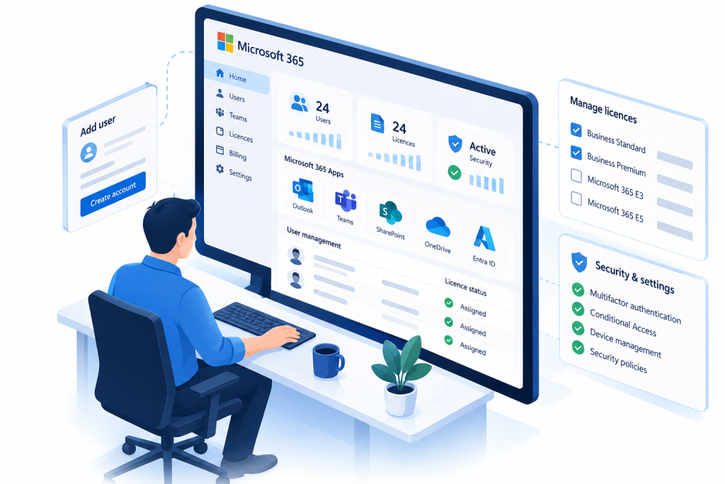 Isometric illustration of a Microsoft 365 administrator managing user accounts, licences, applications and security settings from a central dashboard.