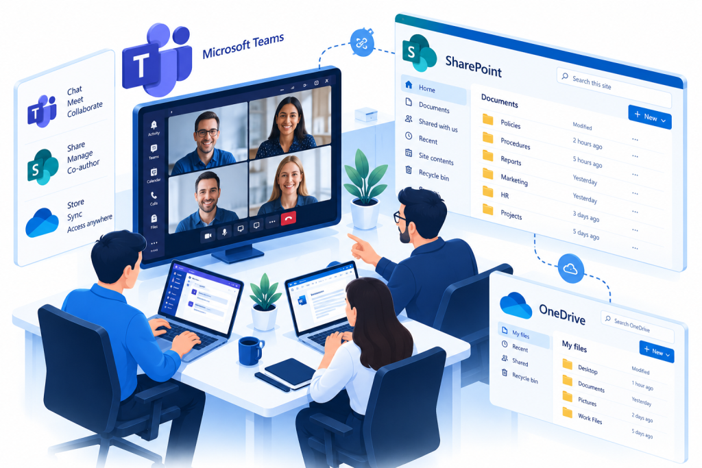 Isometric illustration of Microsoft Teams video meetings, SharePoint document sharing and OneDrive cloud storage supporting business collaboration.