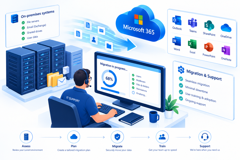 Isometric illustration of an IT engineer migrating business email, files and user accounts from on-premises servers to Microsoft 365, with ongoing technical support.