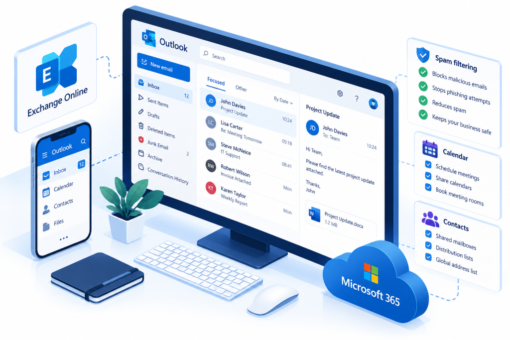 Isometric illustration of Microsoft Exchange Online and Outlook business email, showing inbox management, shared calendars, contacts and spam filtering.