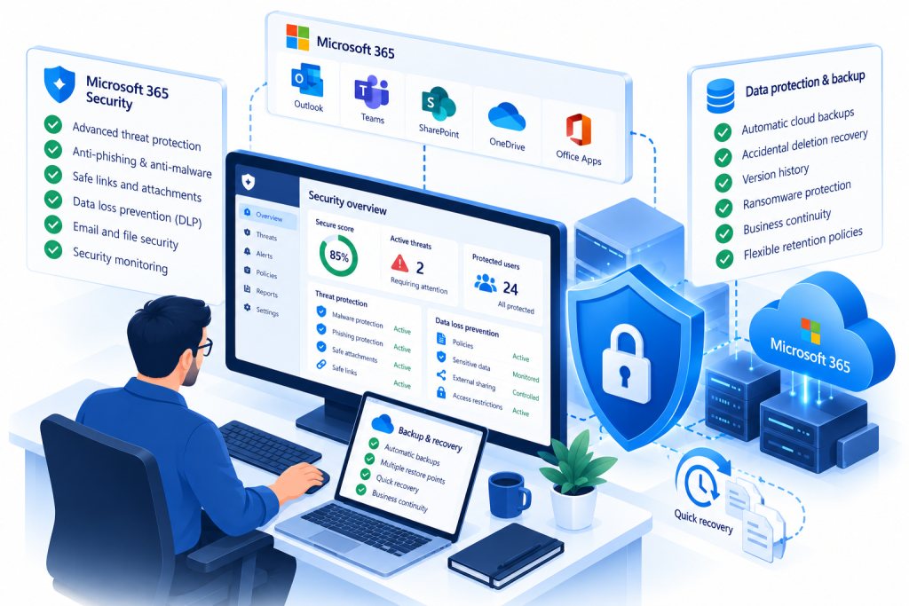 Isometric illustration of Microsoft 365 security, showing phishing protection, threat monitoring, secure cloud backups and data recovery.