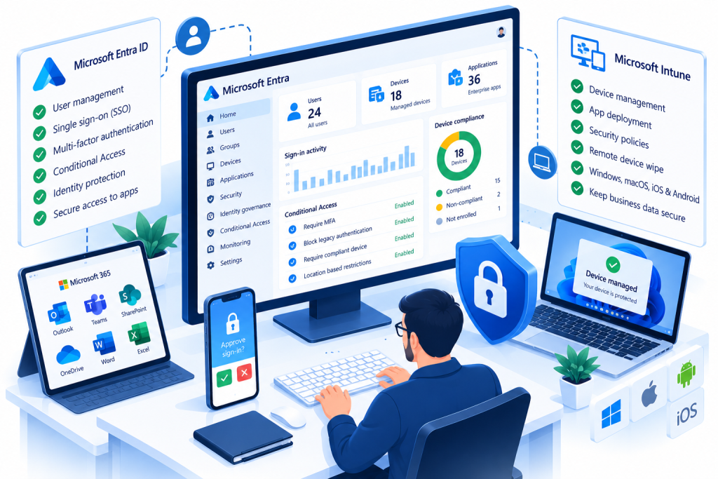 Isometric illustration of Microsoft Entra ID and Intune managing business devices, user identities, multifactor authentication and Conditional Access security policies.