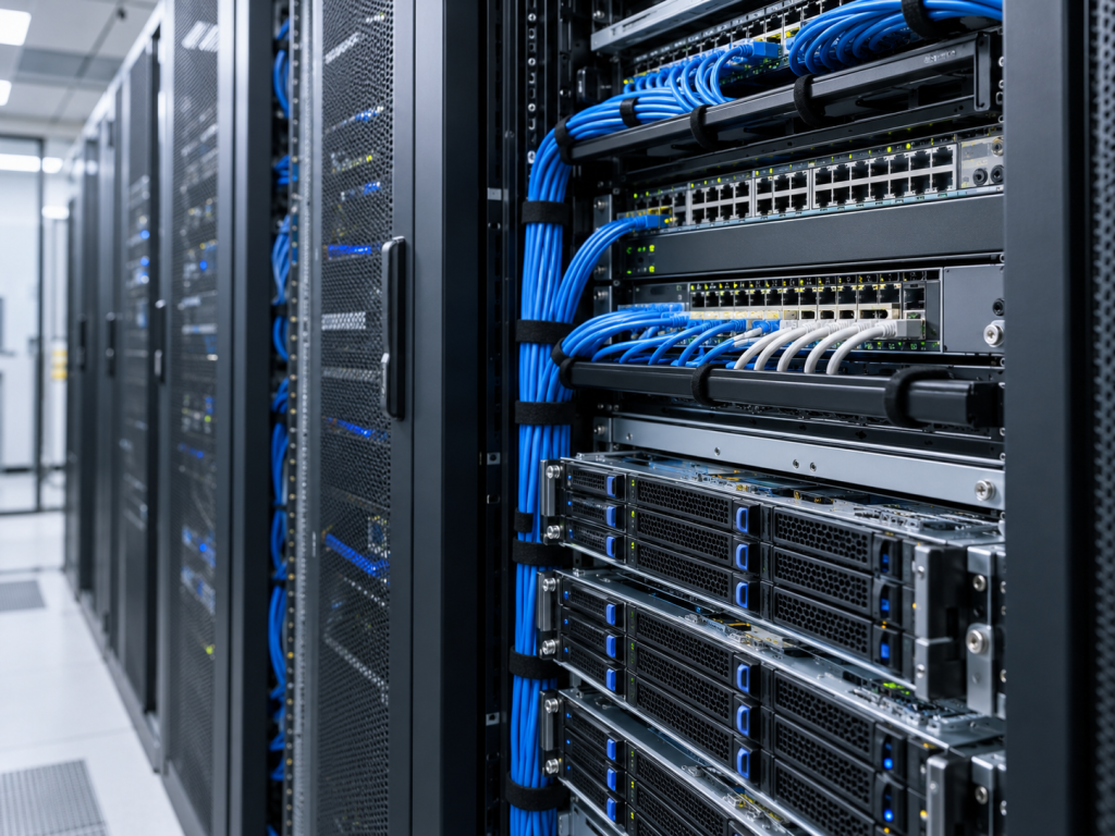 Server rack with network switches, managed servers and blue network cabling