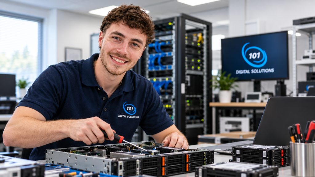 Sonny from 101 Digital Solutions repairing server hardware in a professional IT workshop, providing business hardware warranty, maintenance and repair services in Barnsley, South Yorkshire.