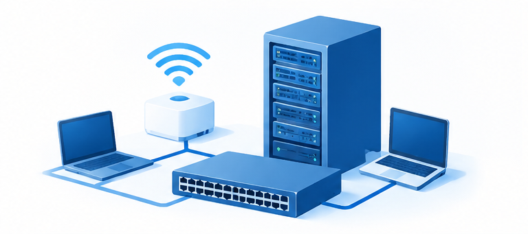 Business network with managed switches, servers and connected computers