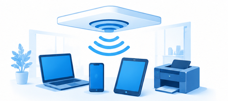 Business Wi-Fi network connecting office laptops and mobile devices